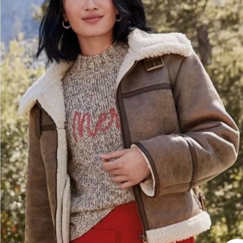 Crackle Faux Suede Sherpa Aviator Jacket Brown